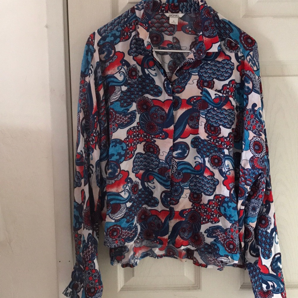 Monk fun print button down top